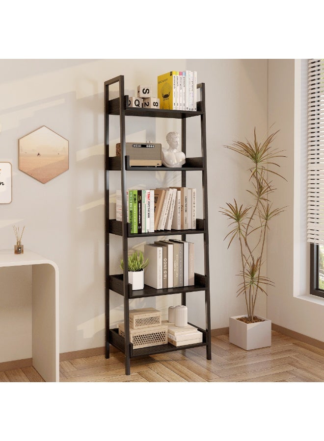 Ladder Bookshelf 5 Tier, Industrial Open Storage Shelf, Sturdy Metal Frame & Wood Look Display Rack for Books, Plants, Decor（SGG042-Black） - Image 4